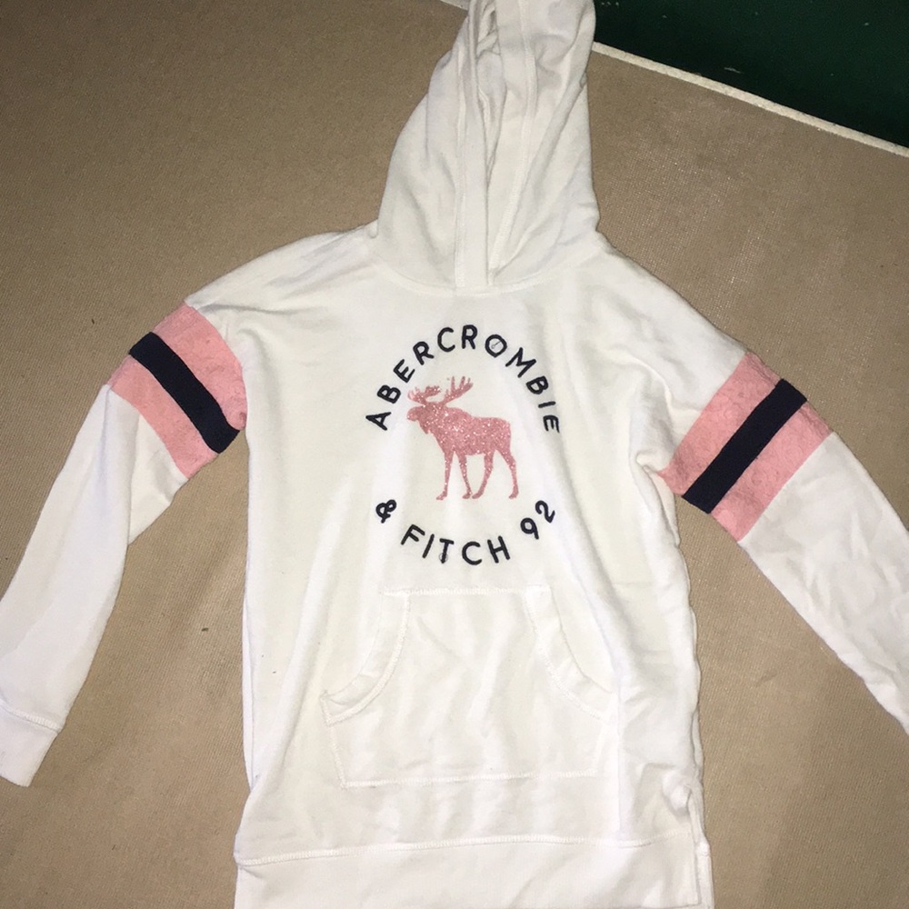 white and pink Abercrombie and Fitch hoodie